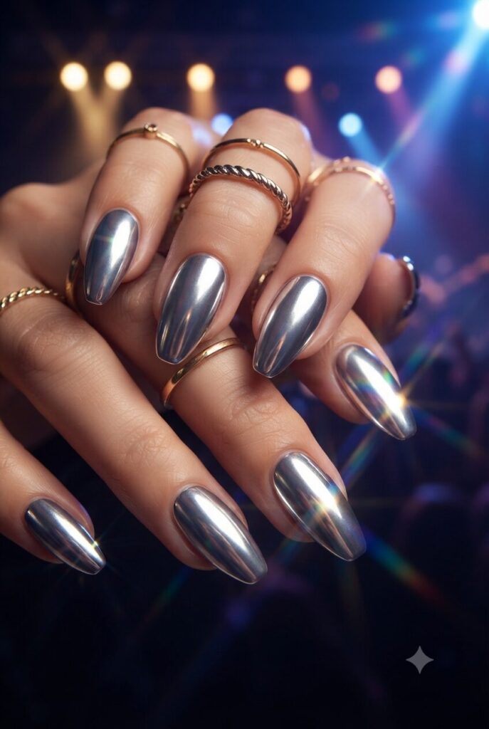 Almond coffin nails with glossy silver chrome mirror polish