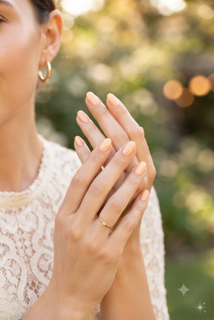 Short oval nails with glossy soft apricot warm polish