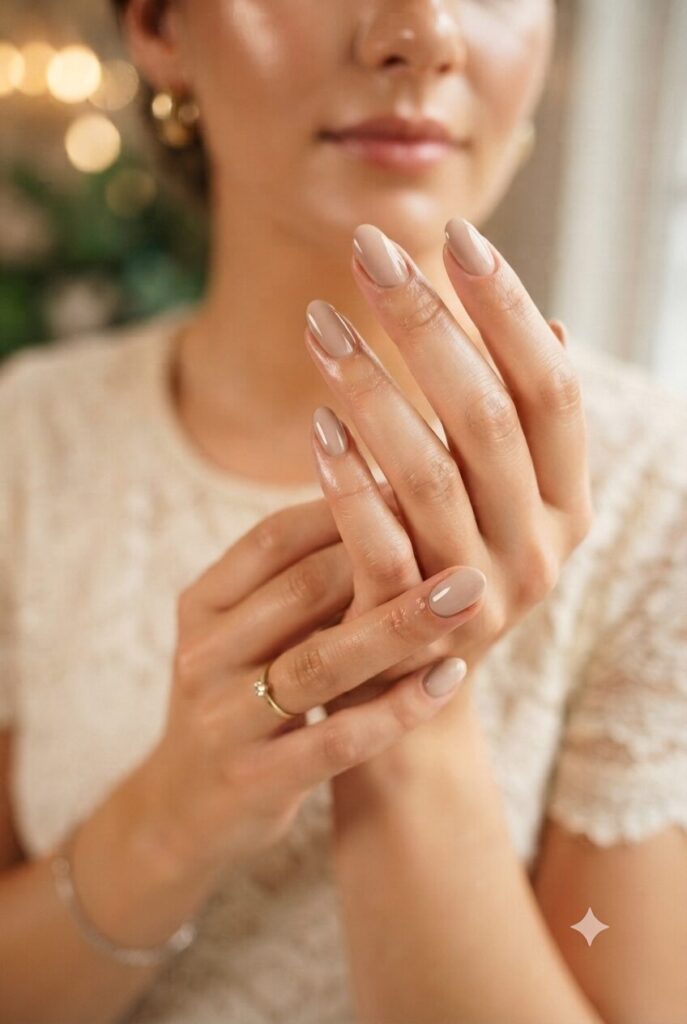 Short oval nails with glossy soft beige classy polish