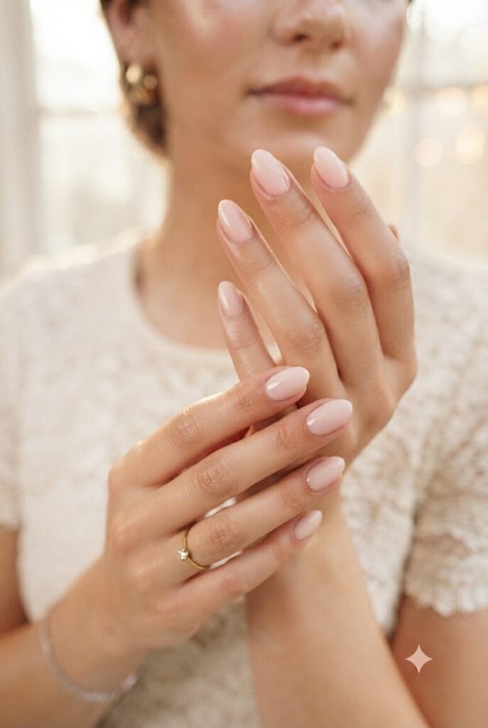 Short almond nails with glossy soft blush pink polish