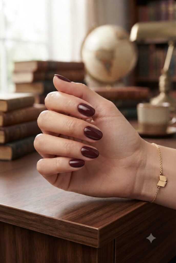 Short almond nails with glossy soft burgundy dressy polish
