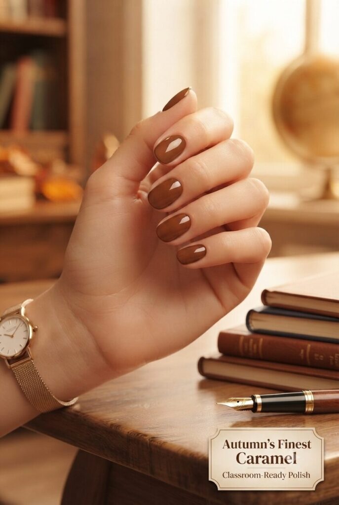 Short oval nails with glossy soft caramel brown cozy polish