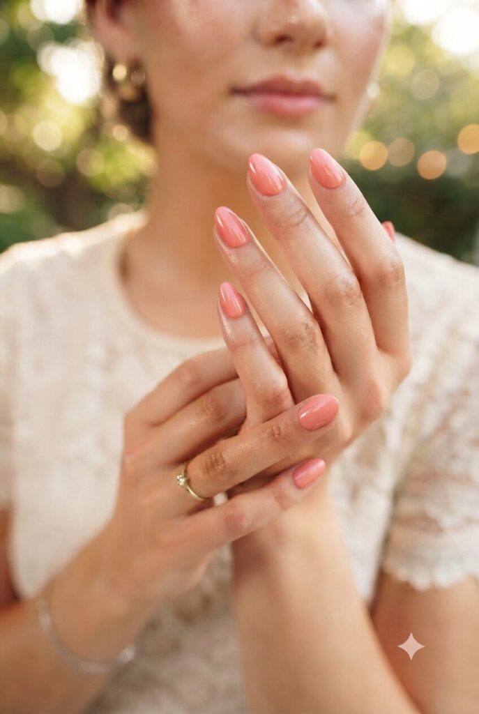 Short oval nails with glossy soft coral warm polish
