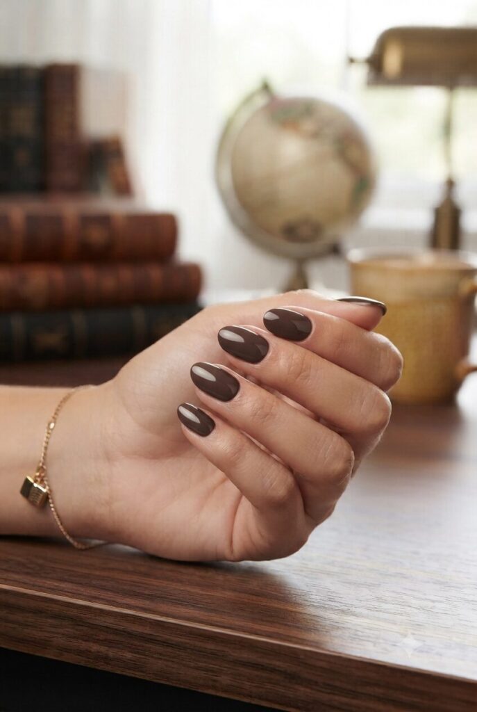 Short almond nails with glossy soft espresso brown chic polish