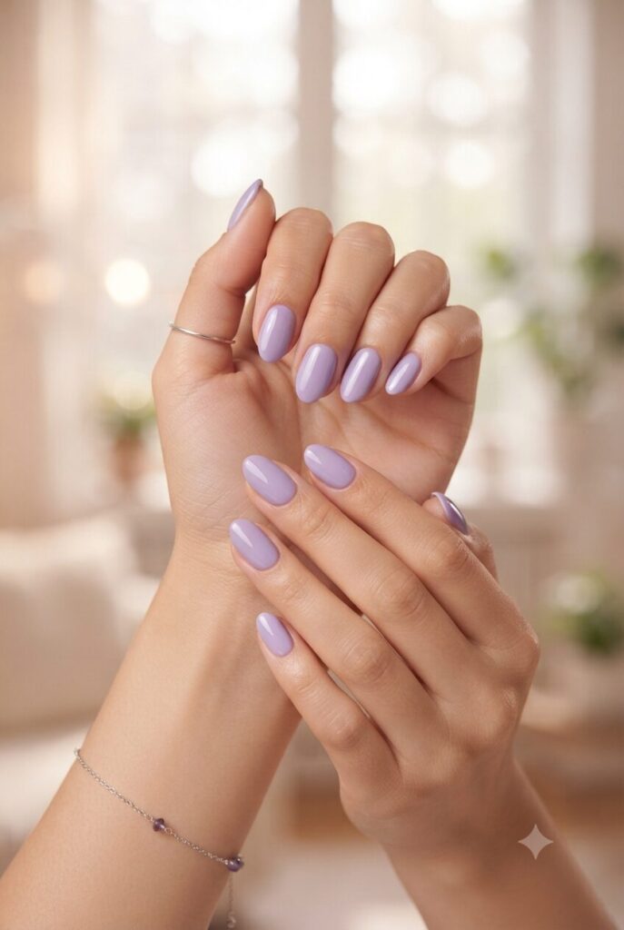 Short almond nails with glossy soft iris purple polish