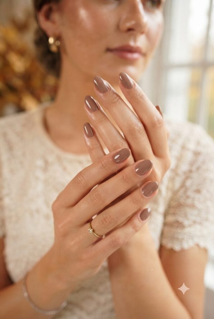 Short almond nails with glossy soft mocha brown polish