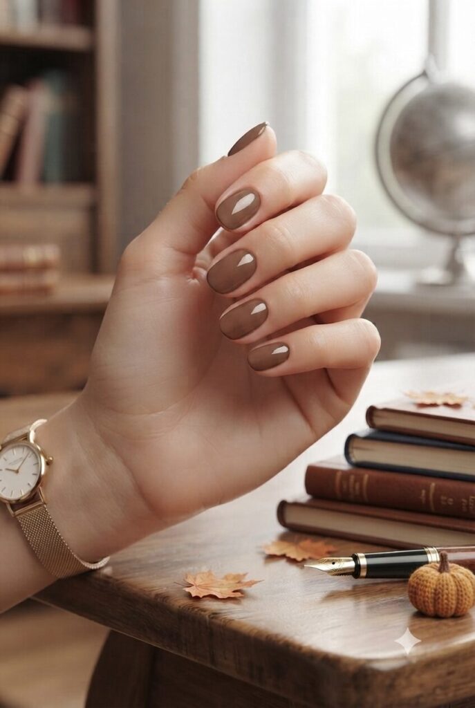 Short almond nails with glossy soft mocha brown fall polish