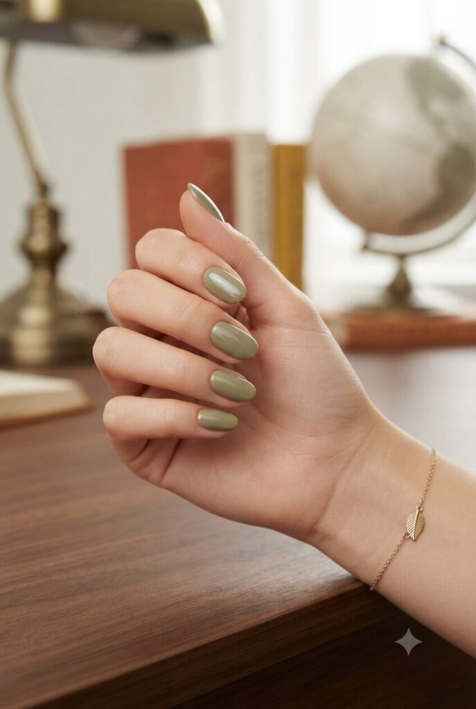 Short oval nails with glossy soft olive green modern polish