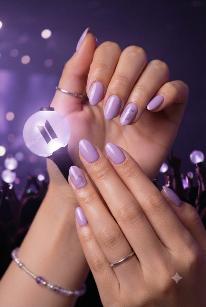 Short almond nails with glossy soft lavender purple polish