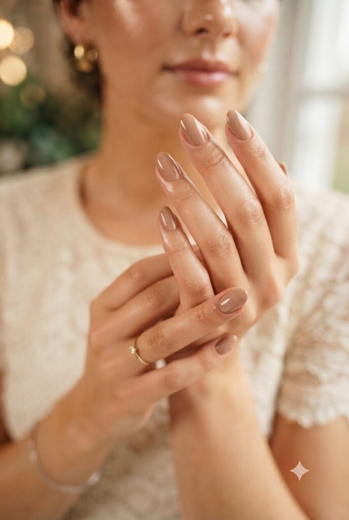 Short oval nails with glossy soft tan nude polish