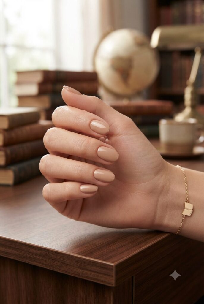 Short oval nails with glossy soft tan nude neutral polish
