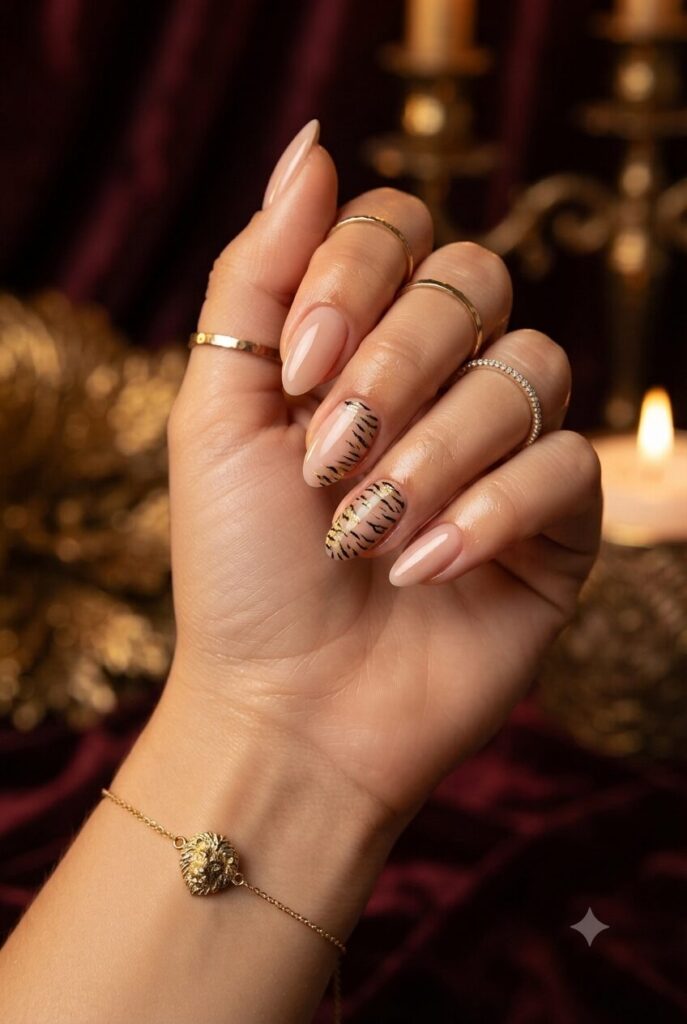 Almond nails with glossy nude and tiny gold black tiger print accents