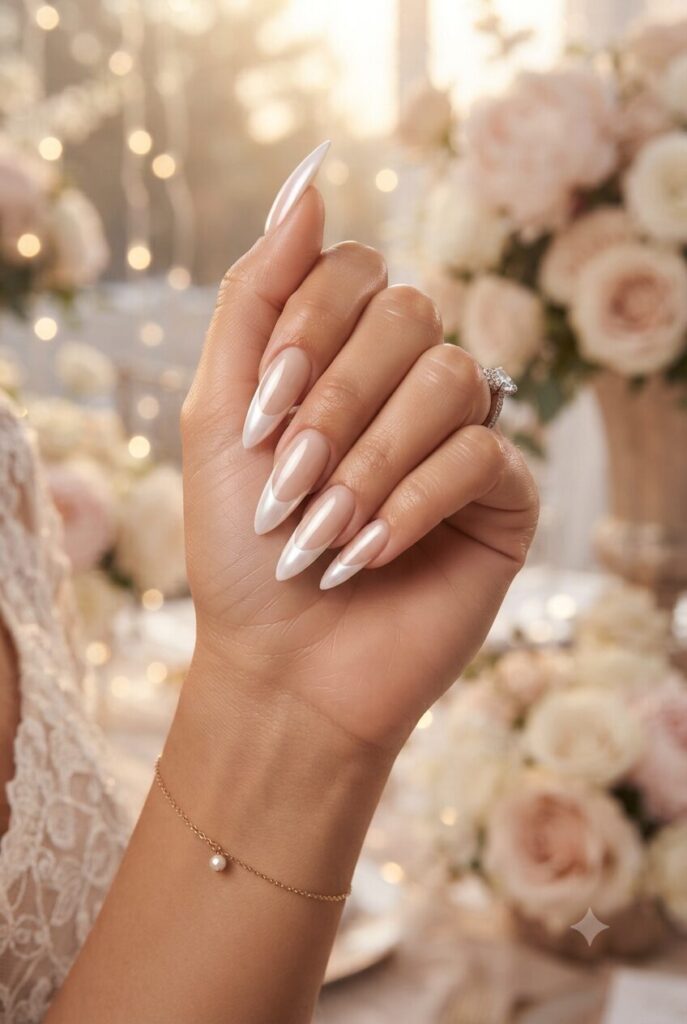 Long stiletto nails with glossy white pearl-finish French tips