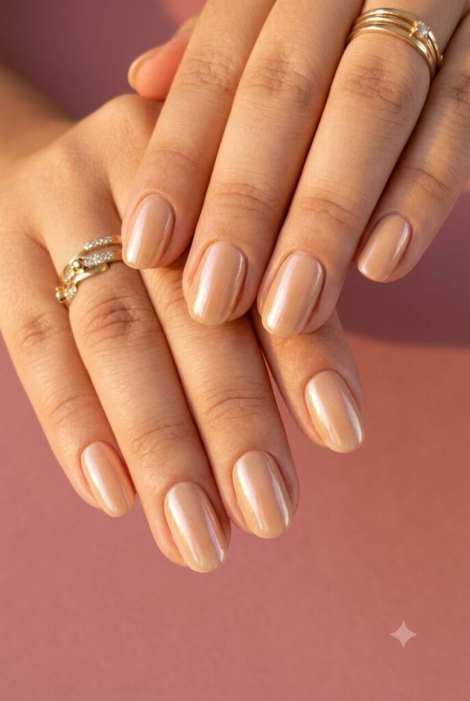 Short oval nails with soft golden nude glazed finish
