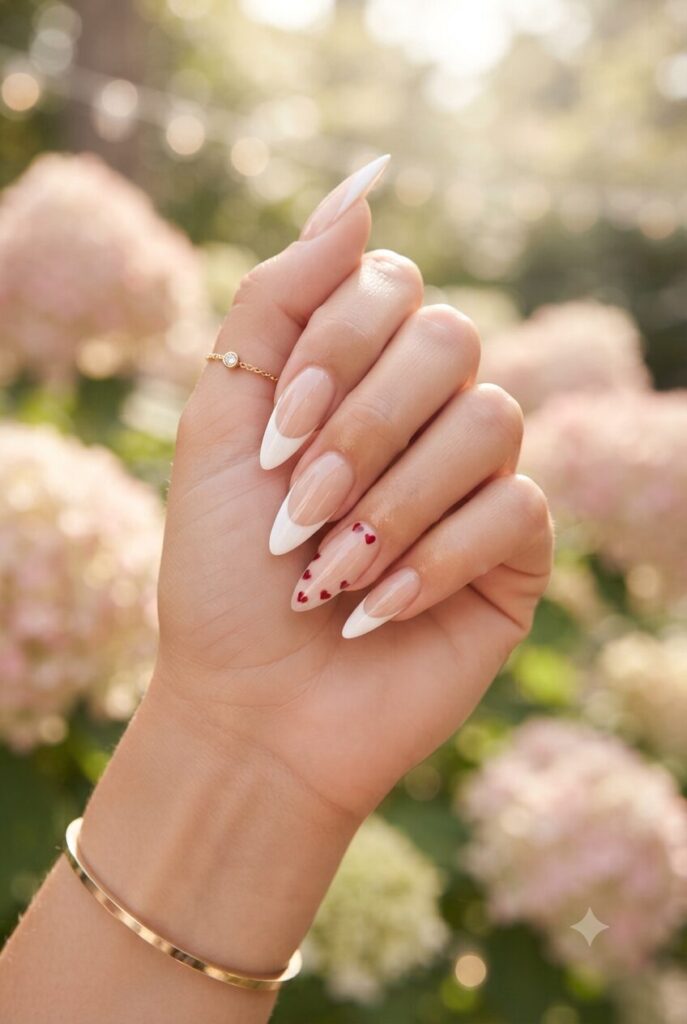 Long stiletto nails with white French tips and tiny red heart accents