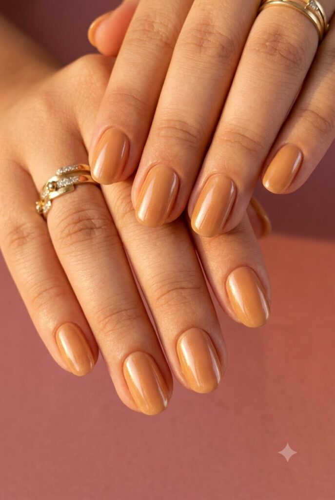 Short oval nails with glossy honey golden nude glazed finish