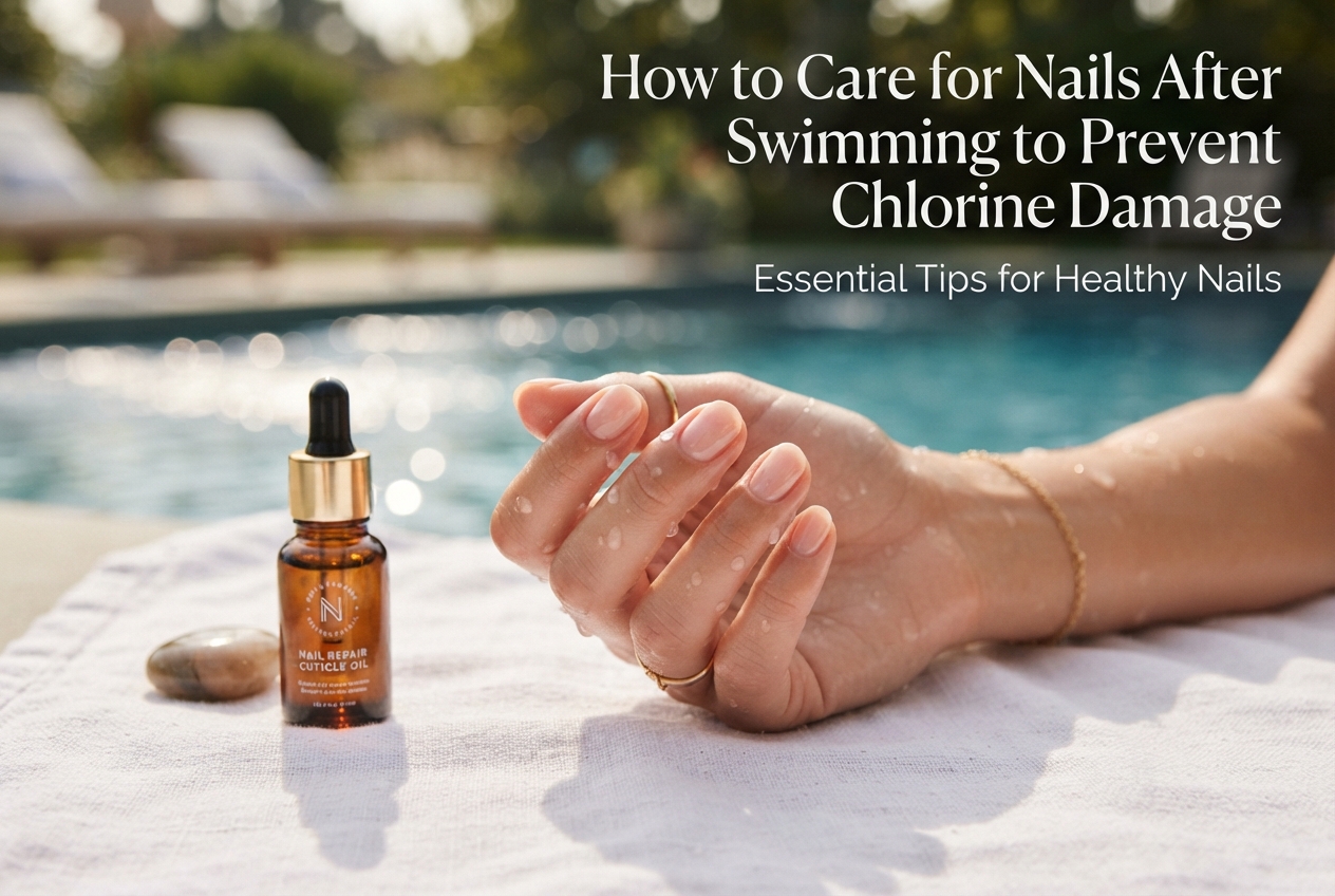 How to care for nails after swimming featured image showing water droplets on hand with cuticle oil nearby