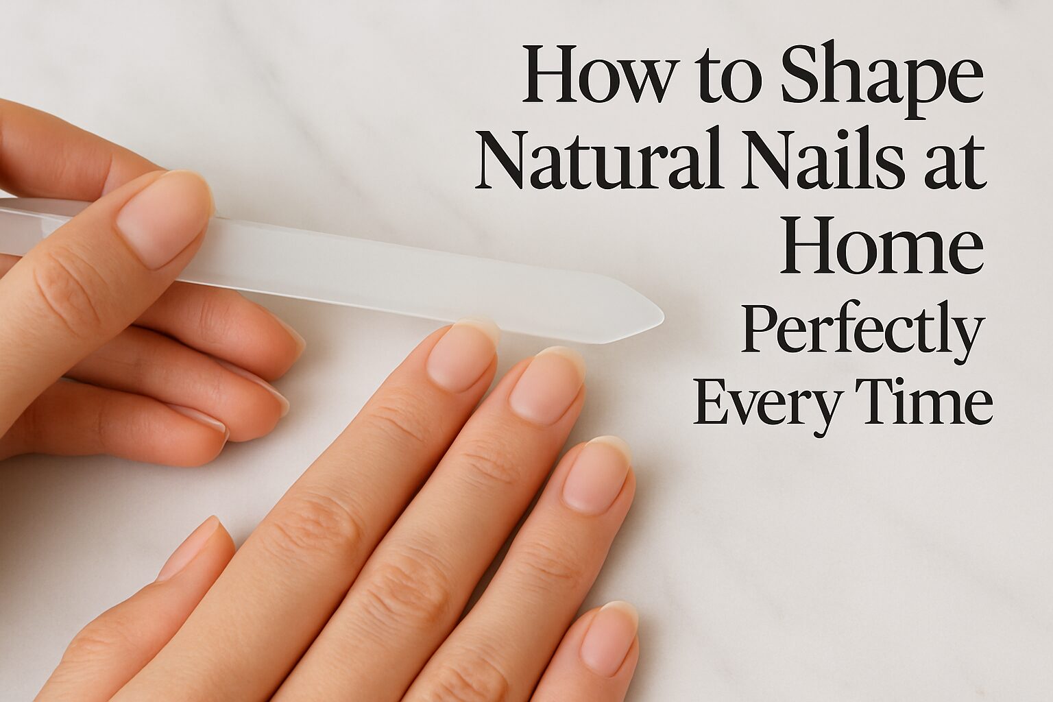 How to shape natural nails at home featured image showing a woman filing her nails with a glass file