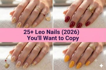 Collage of Leo nails for 2026 with bold gold fiery zodiac designs