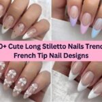 Collage of long stiletto nails for 2026 with trendy French tip designs