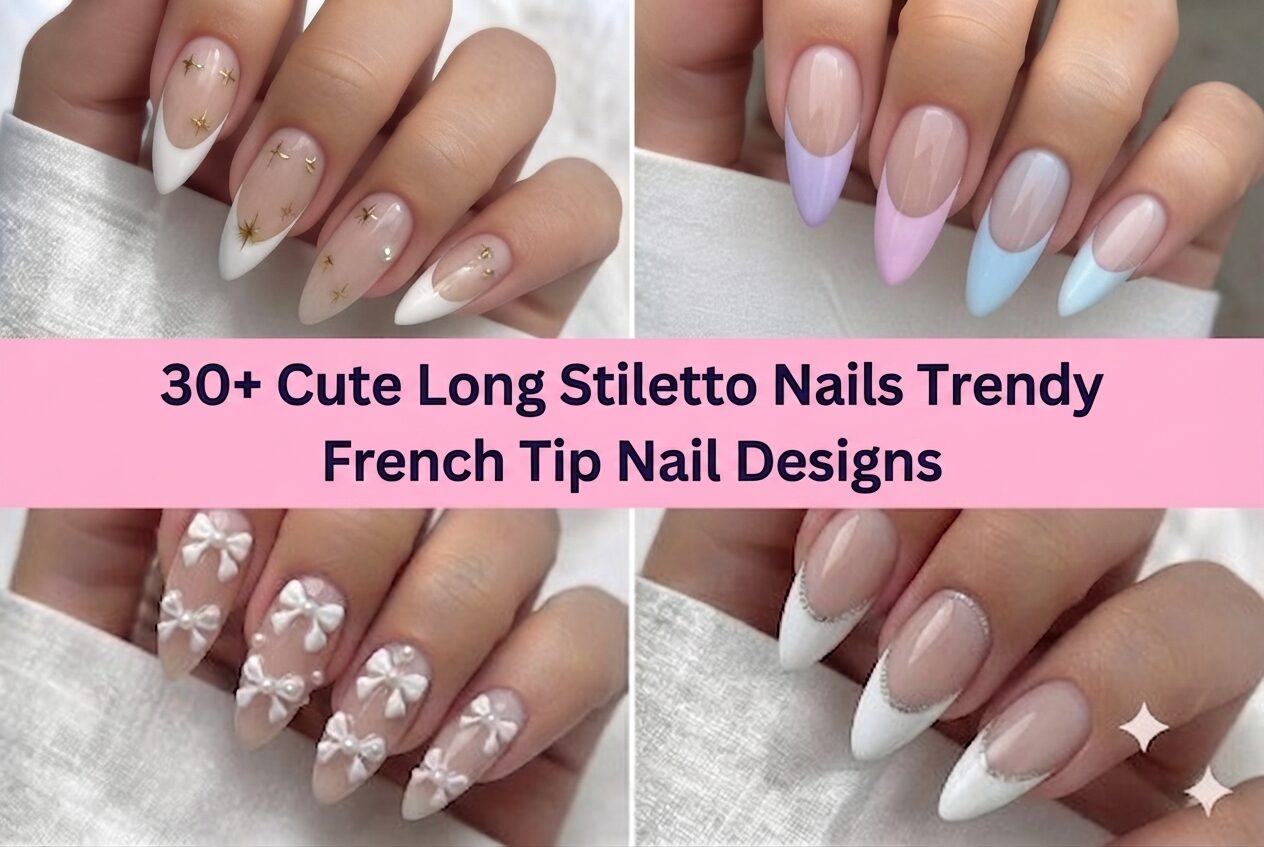 Collage of long stiletto nails for 2026 with trendy French tip designs