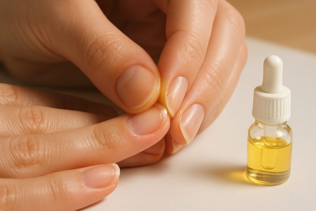 Massaging best cuticle oil for damaged nails into cuticle area for nail recovery