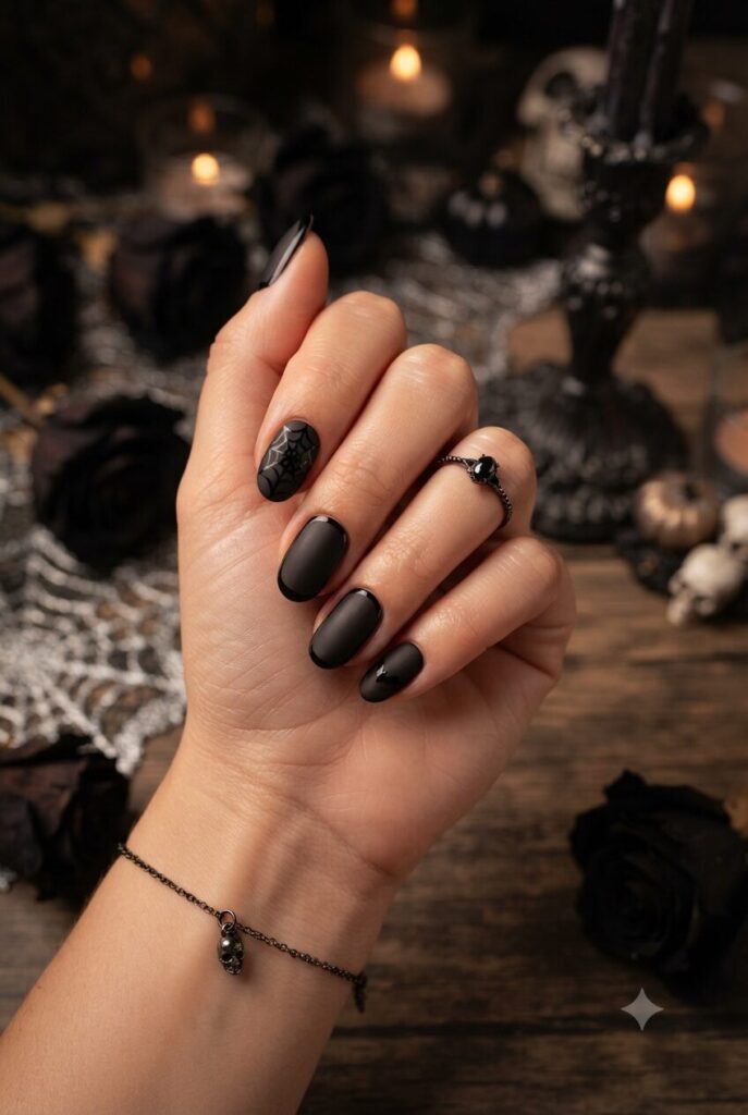 Short almond nails with matte glossy jet black polish