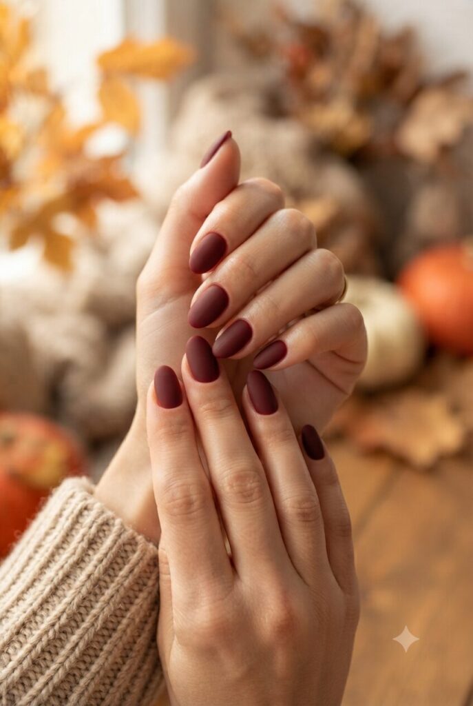 Short oval nails with matte burgundy polish