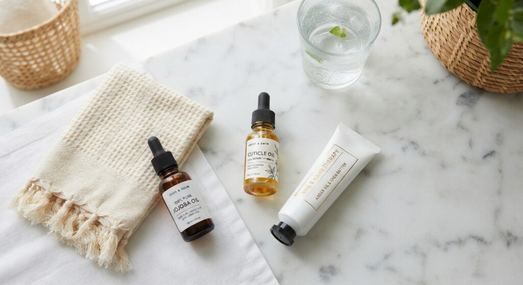 Nail care products needed after swimming including cuticle oil and hand cream to prevent chlorine damage
