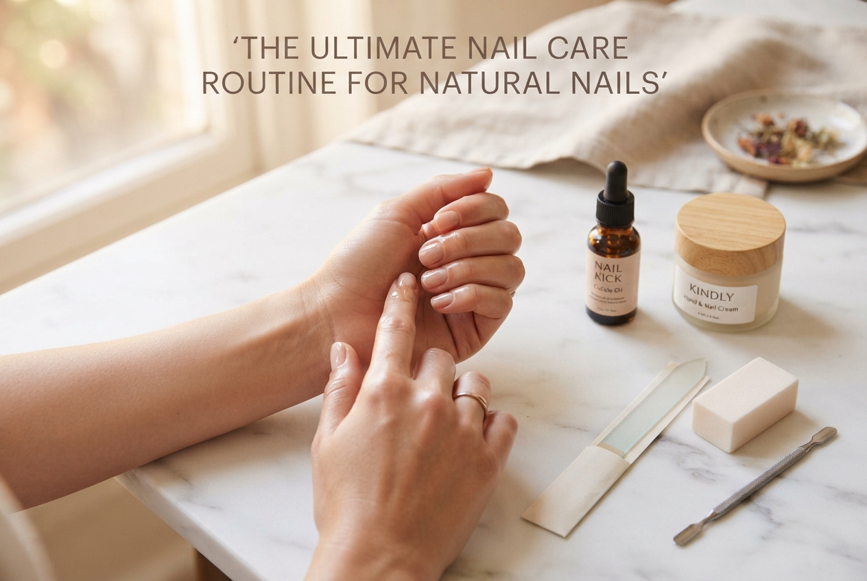 Nail care routine for natural nails featured image showing cuticle oil massage and nail care products