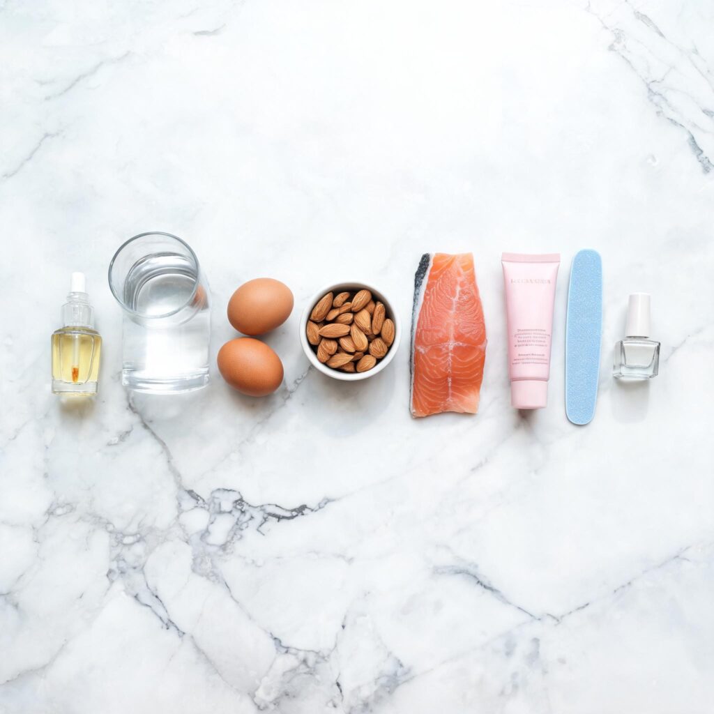 Products and foods that help grow nails fast naturally in a week including cuticle oil protein foods and nail care tools