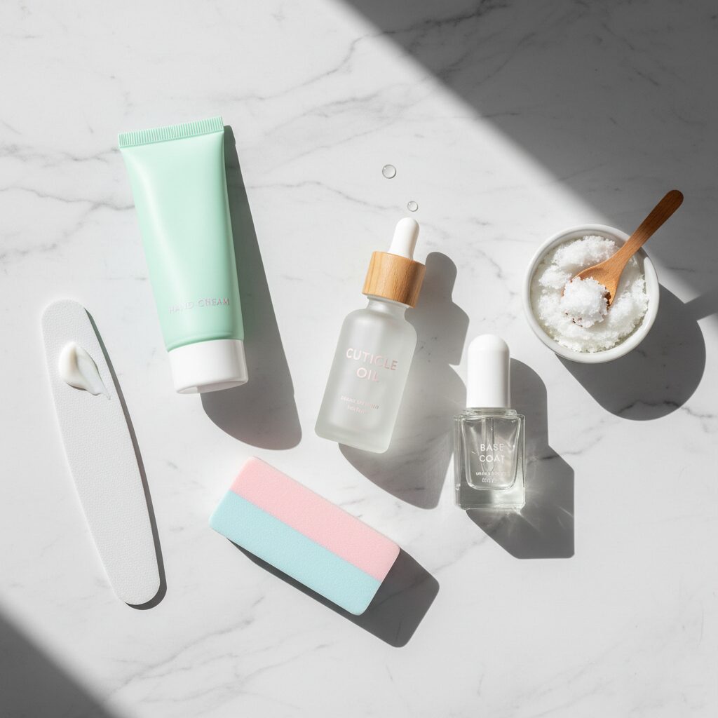 Essential products for a nail care routine for natural nails including cuticle oil hand cream and nail file