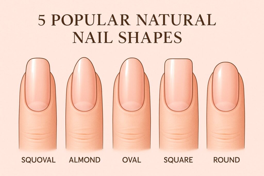 Guide to different natural nail shapes including squoval almond oval square and round