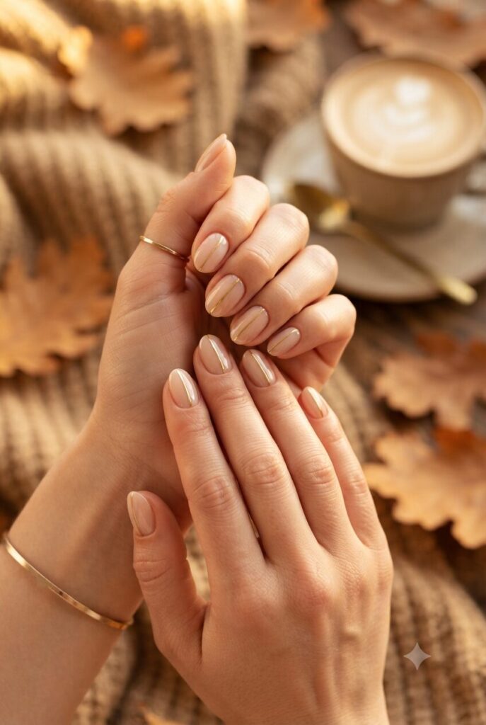 Short oval nails with nude base and thin gold line accents