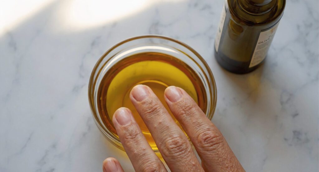 Oil soak method to remove gel nail polish without acetone at home using warm olive oil