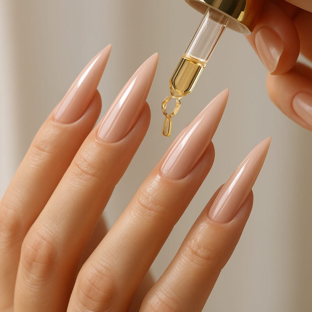 Applying cuticle oil to prevent breakage in long stiletto nails