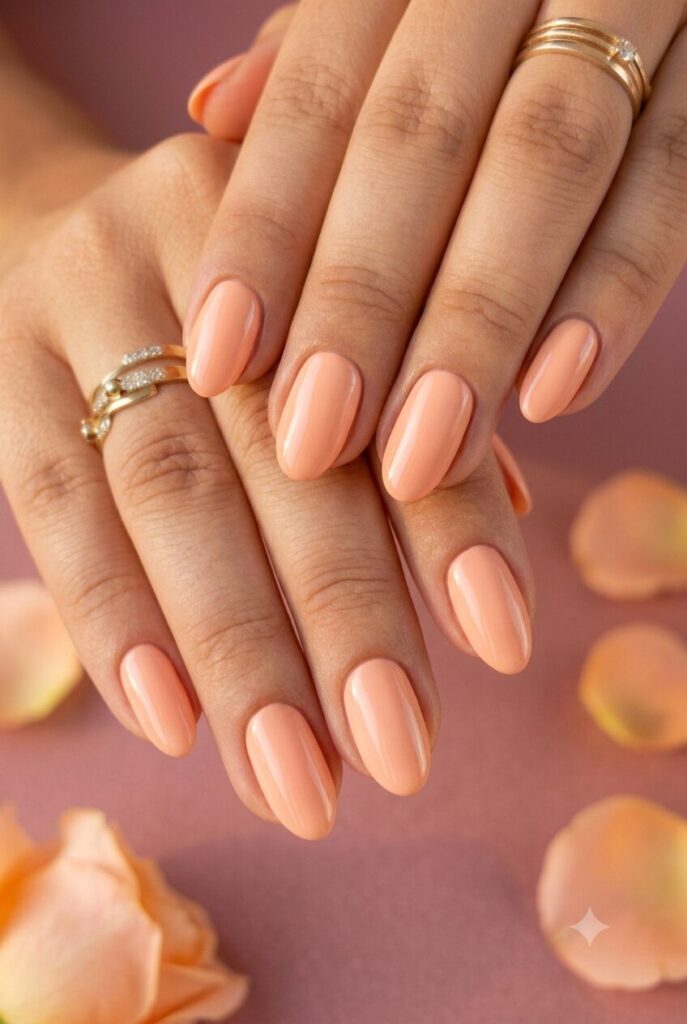 Short almond nails with glossy soft peach smooth polish