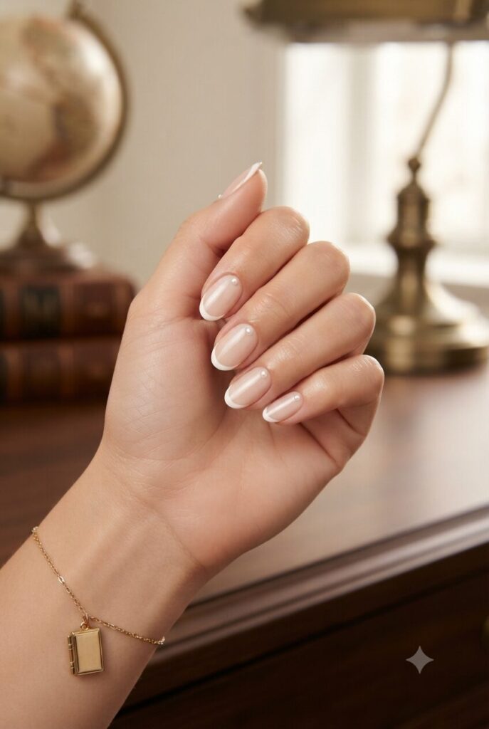 Short almond nails with white French tips and tiny pearl accents