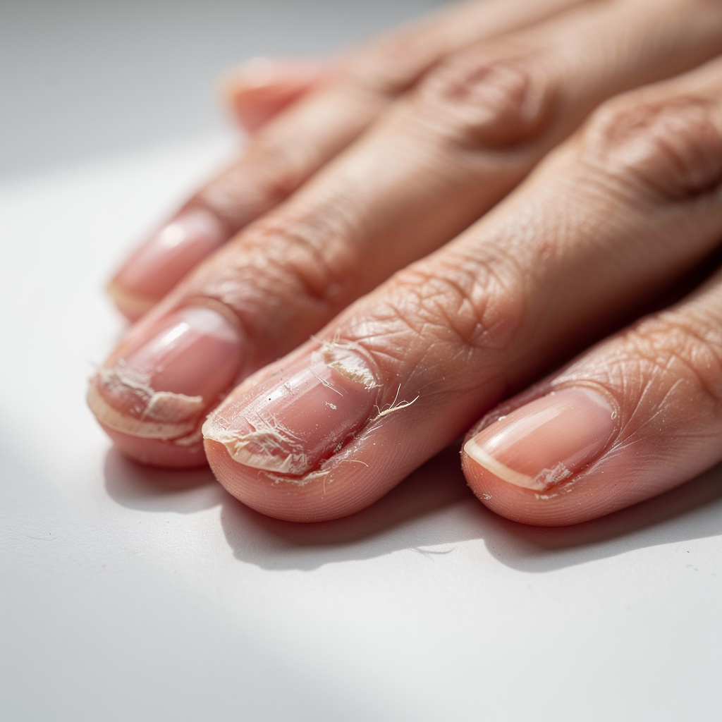 Close-up of peeling nails after gel polish removal showing flaking nail layers