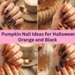 Collage of pumpkin nail ideas for Halloween 2026 in orange and black designs