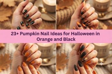 Collage of pumpkin nail ideas for Halloween 2026 in orange and black designs