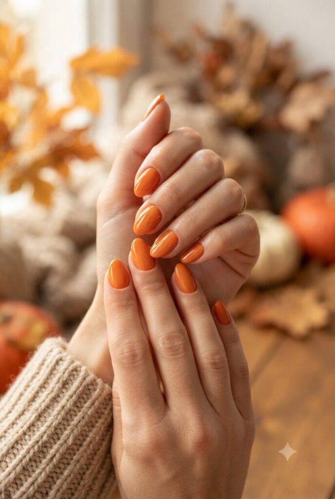 Short almond nails with glossy pumpkin orange polish