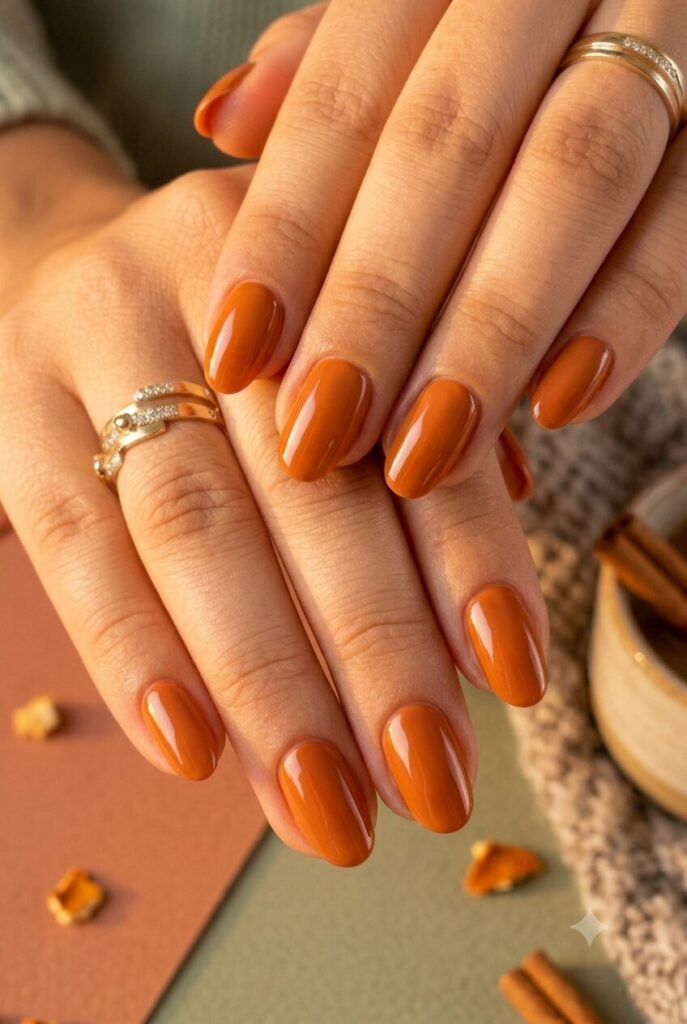 Short oval nails with glossy pumpkin spice transition polish