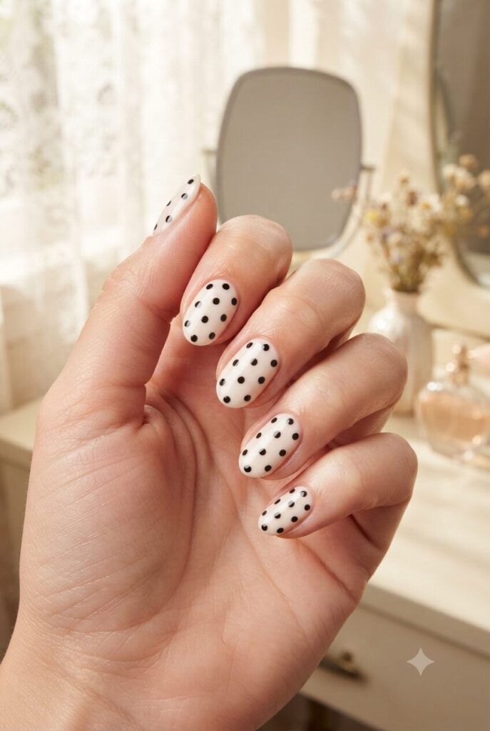 Short almond nails with white base and bigger black retro polka dots
