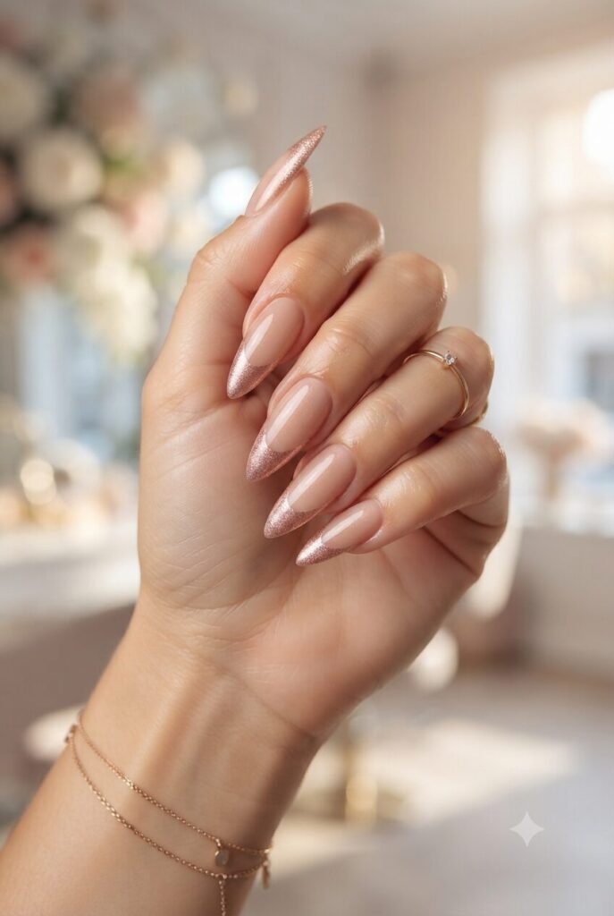 Long stiletto nails with soft rose gold shimmer French tips
