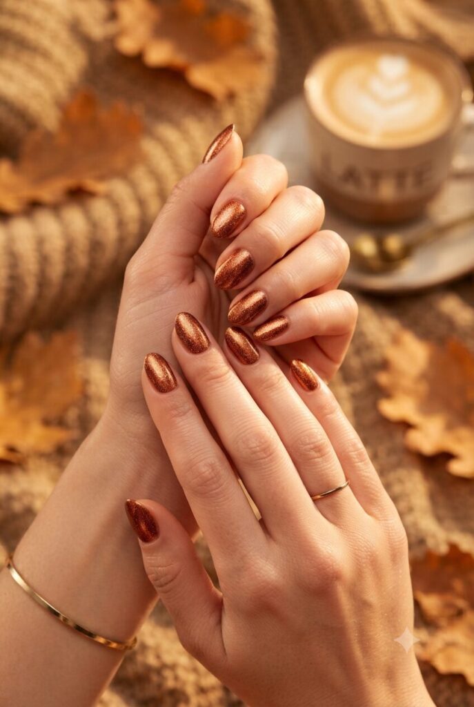 Short almond nails with rustic copper shimmer polish