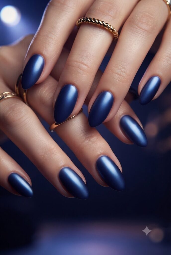 Short almond nails with glossy satin blue polish