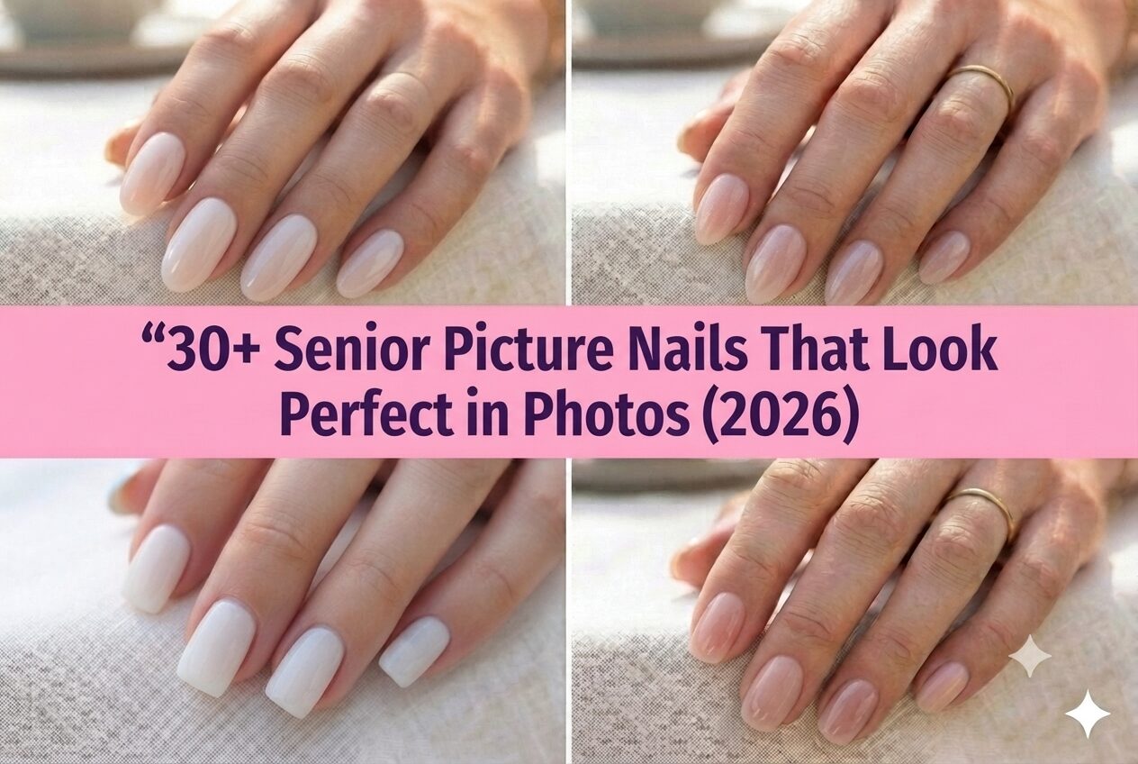 Collage of senior picture nails for 2026 with classy dressy photo-ready designs