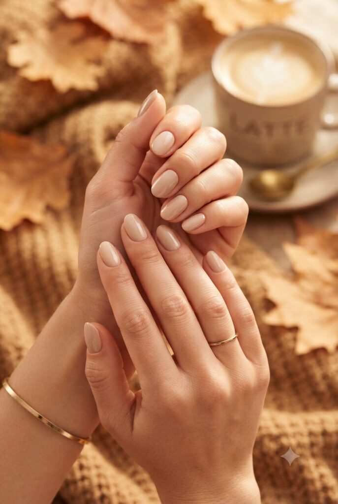 Short oval nails with soft beige glossy polish