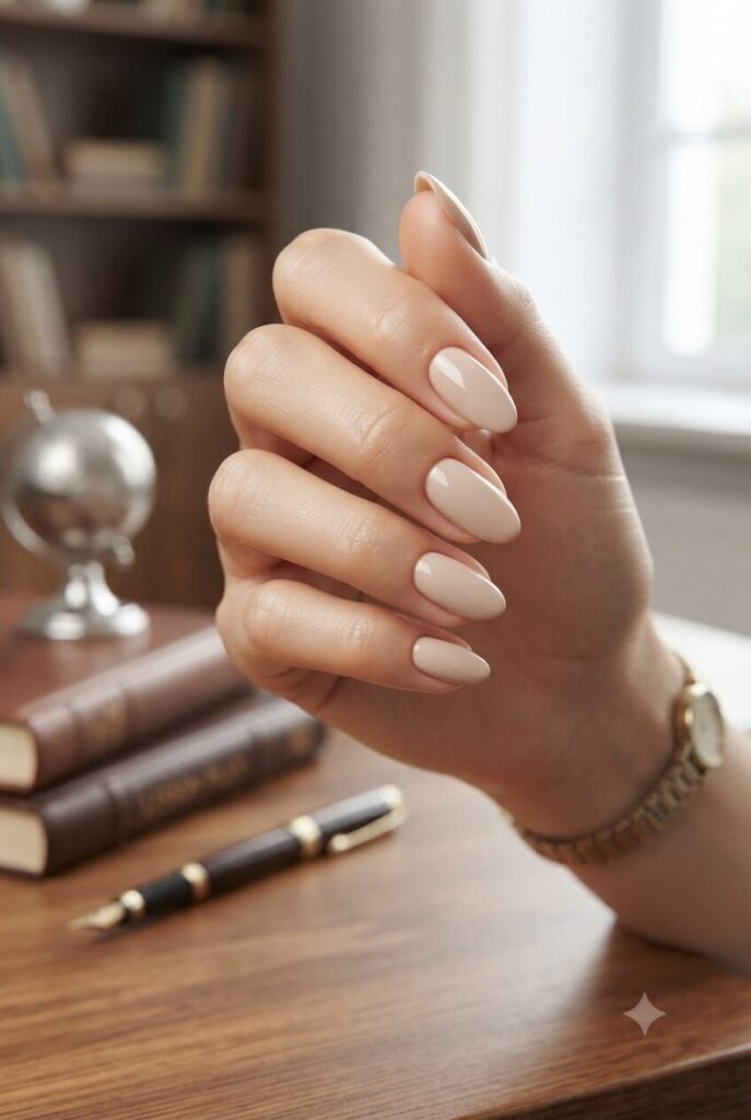 Short almond nails with soft almond beige glossy neutral polish